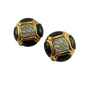 Vintage Nina Ricci Clip On Earrings Gold Tone Black Enamel Crystal Button Style